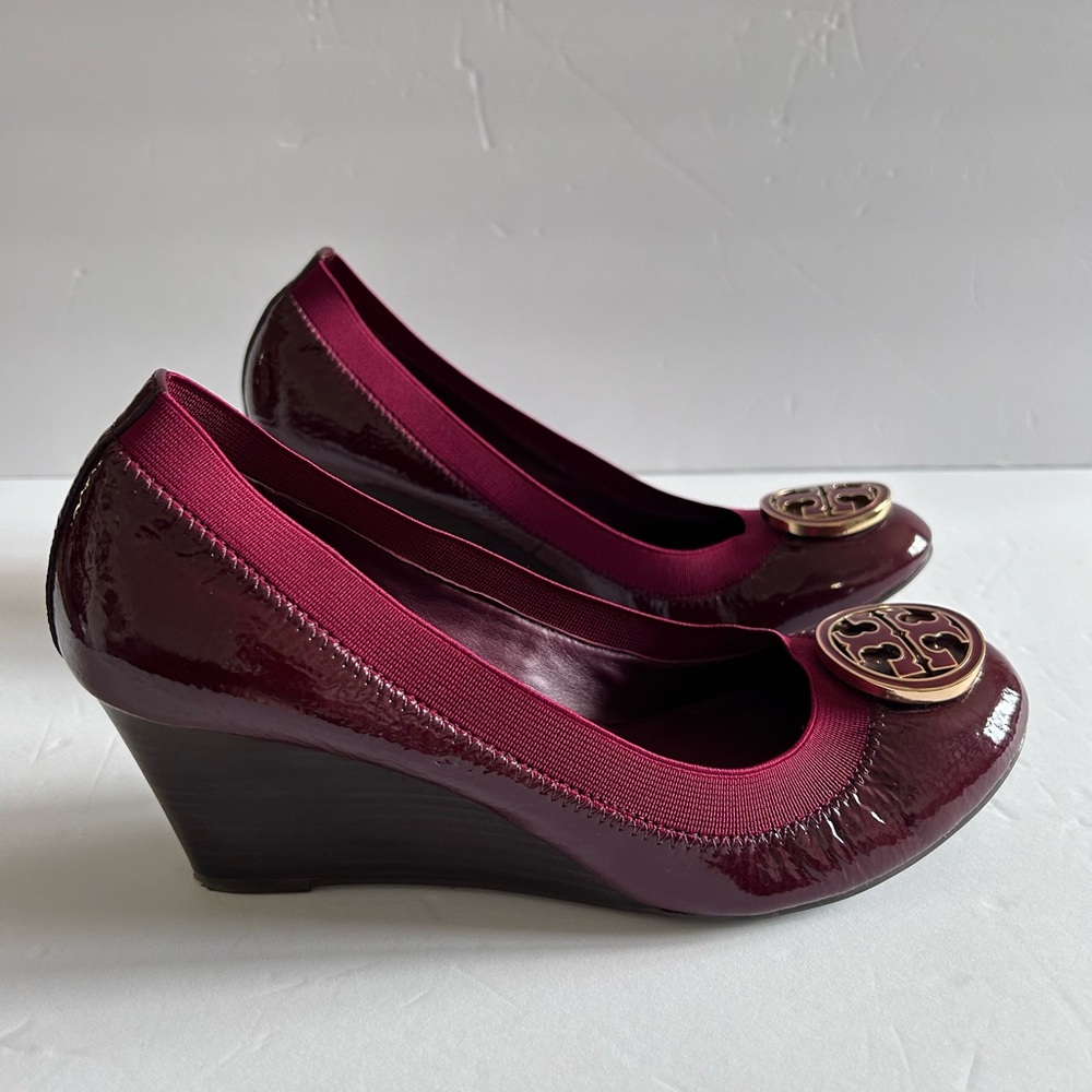 Tory Burch Red and Gold Wedges with Decorative Medallions